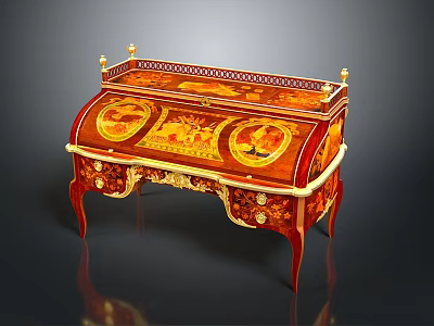 Ornate Antique Writing Desk With Red And Gold Inlaid Designs And Decorative Details 3d model