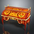 Ornate Antique Writing Desk With Red And Gold Inlaid Designs And Decorative Details