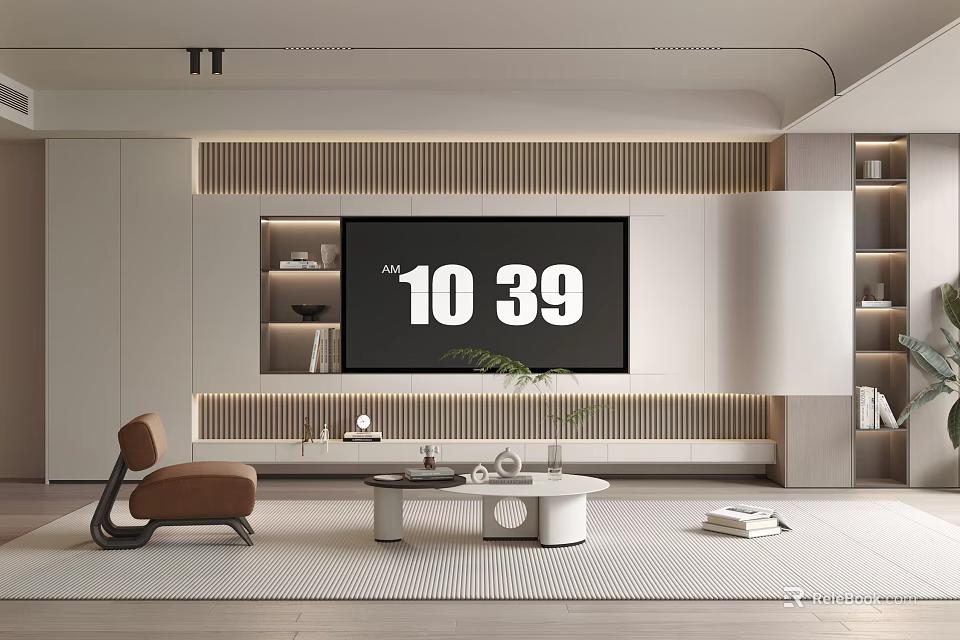 Modern TV Wall Interior Design With Wooden Panels Shelves And Ambient Lighting 3d model 