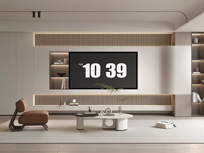 Modern TV Wall Interior Design With Wooden Panels Shelves And Ambient Lighting 3d model