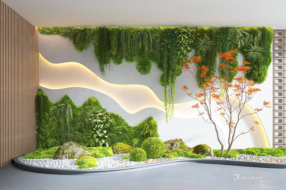 Indoor Landscape Design Featuring Green Plant Wall Moss Stones And Small Tree With Lighting 3d model 