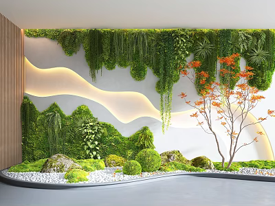 Indoor Landscape Design Featuring Green Plant Wall Moss Stones And Small Tree With Lighting 3d model