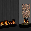 Modern Fireplace Interior Design With Black Striped Wall Burning Flames And Wall Mounted Wood Logs