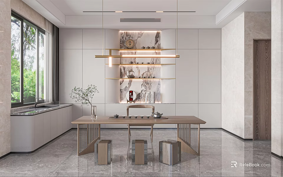 Elegant Tea Room Interior With Wooden Tea Table And Ceramic Tea Sets 3d model