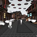 Traditional Commercial Street Night View With Ancient Buildings Lanterns And Pedestrians