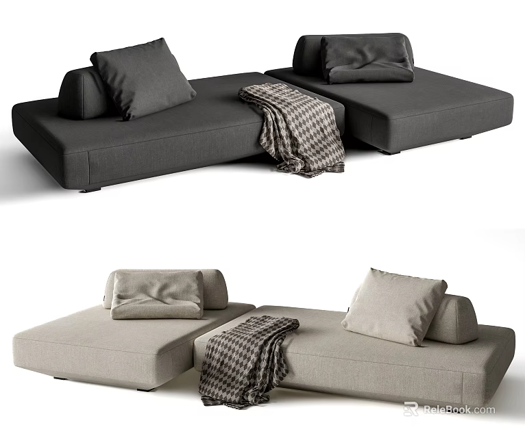 Sectional Sofa in Dark Gray and Light Beige with Pillows and Checkered Blanket 3d model 