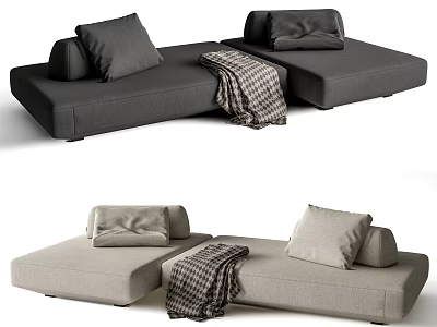 Sectional Sofa in Dark Gray and Light Beige with Pillows and Checkered Blanket 3d model