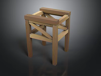 Simple Wooden Stool With Cross Frame Structure And Light Wood Finish 3d model