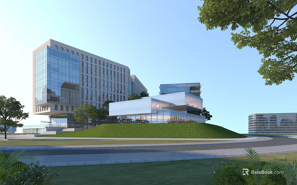Modern Industrial Park With Glass Curtain Wall Buildings Green Lawns And Trees 3d model 