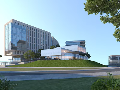 Modern Industrial Park With Glass Curtain Wall Buildings Green Lawns And Trees 3d model