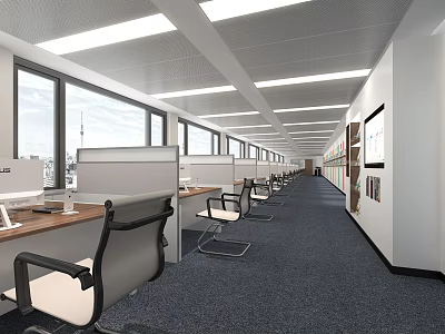 Spacious Modern Public Office Area With Cubicles Desks Chairs Windows Ceiling Lights And Carpet 3d model