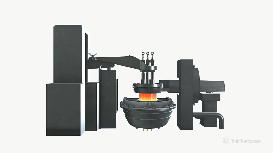 Industrial Furnace with Mechanical Arm and Circular Container for High Temperature Metal Processing 3d model 
