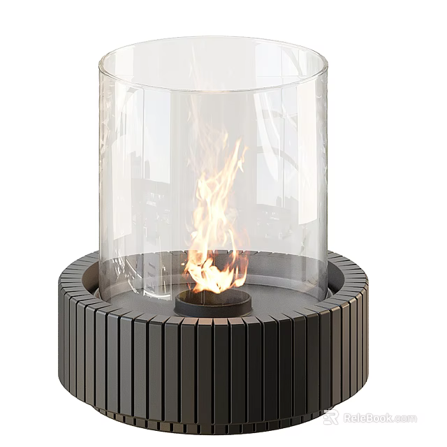 Modern Fireplace With Transparent Glass Enclosure And Burning Flame On Black Ribbed Base 3d model 