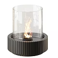 Modern Fireplace With Transparent Glass Enclosure And Burning Flame On Black Ribbed Base