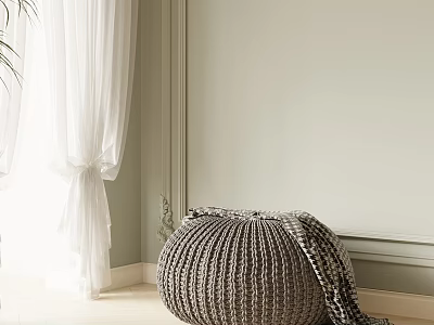 Gray Knitted Pouf in Light Gray Wall Room With White Curtain and Wooden Floor 3d model