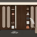 Modern Dark Brown Wardrobe Interior With Smooth Panel Doors Open Shelves Floor Lamp And Vase