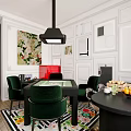 Stylish Dining Room Interior With Green Chairs Black Table Colorful Rug White Walls Pendant Light
