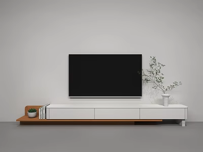Modern White and Wooden TV Stand with Black TV White Vase Green Plants and Books 3d model