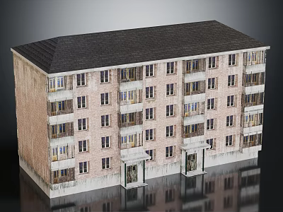 Brick Apartment Building With Multiple Floors Balconies Windows And Dark Roof 3d model