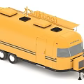 Yellow Food Truck With Serving Display Window Kitchen Equipment And Outdoor Tables Chairs