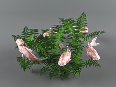 Pink Fish Shaped Decorations Among Green Fern Plants 3d model