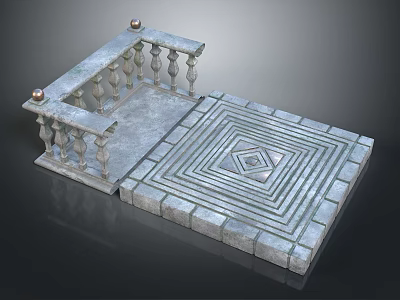Stone Balcony Floor Design With Geometric Pattern And Balustrade Spherical Finials 3d model
