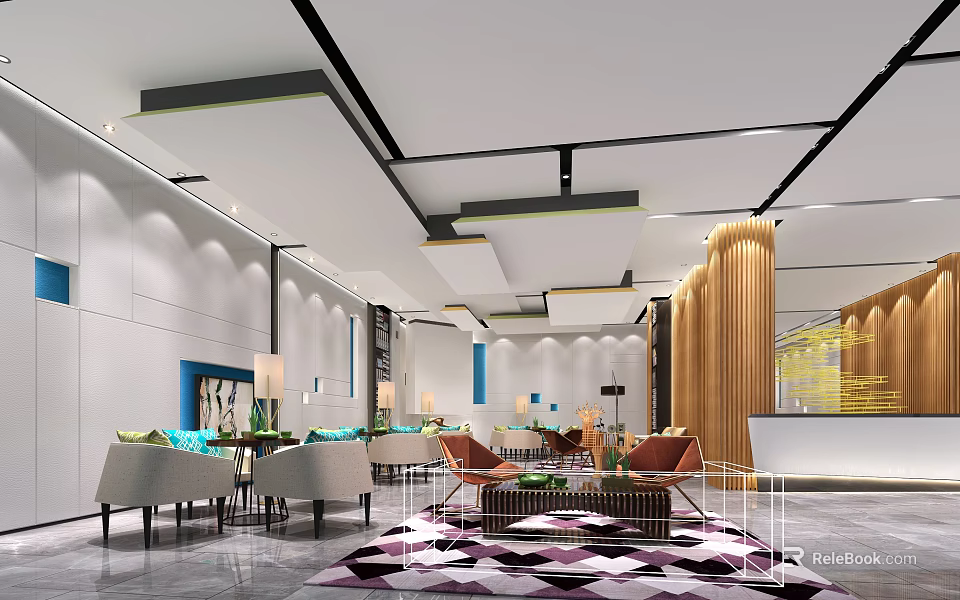 Modern Sales Office Interior With Sofas Chairs Wooden Pillars And Geometric Rug 3d model 