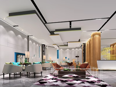 Modern Sales Office Interior With Sofas Chairs Wooden Pillars And Geometric Rug 3d model