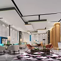 Modern Sales Office Interior With Sofas Chairs Wooden Pillars And Geometric Rug