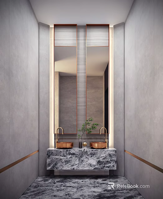 Modern Hotel Bathroom With Large Mirror Marble Countertop And Brass Faucets 3d model 
