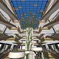 Modern Shopping Mall Atrium with Multiple Escalators Large Green Plant and Round White Tables
