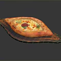 Delicious Baked Flatbread With Fried Egg And Fresh Herbs On Wooden Tray