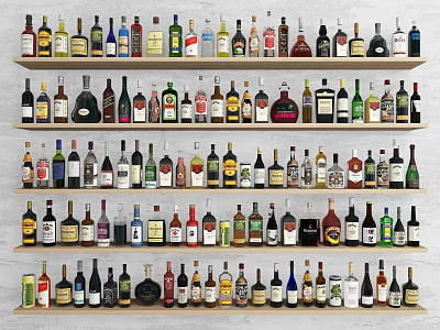 Wine Bottles and Glasses Collection Arranged on Multiple Wooden Shelves with Various Labels 3d model