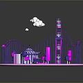 Colorful Kids Playground With Pink Circular Base Purple Railings And Cloud Decorations