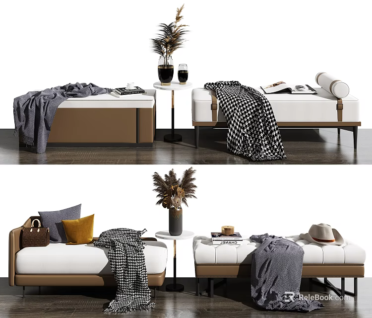 Stylish Ottomans Decor With Blanket Pillow Side Table Vase And Plant 3d model 