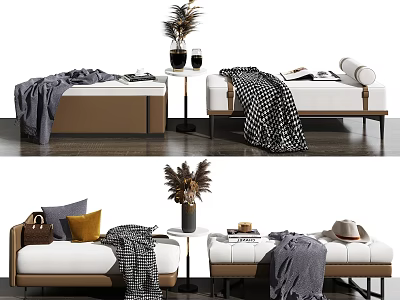 Stylish Ottomans Decor With Blanket Pillow Side Table Vase And Plant 3d model