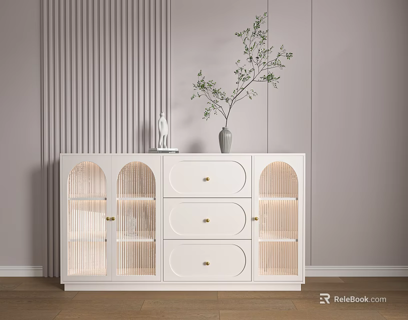 White Sideboard With Drawers Glass Doors And Decorative Vase On Wooden Floor 3d model 