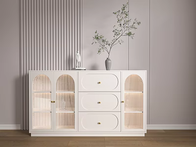 White Sideboard With Drawers Glass Doors And Decorative Vase On Wooden Floor 3d model