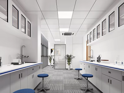 Modern Laboratory Interior With Glass Door Cabinets Long Benches Faucets Blue Stools And Striped Carpet 3d model