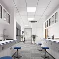 Modern Laboratory Interior With Glass Door Cabinets Long Benches Faucets Blue Stools And Striped Carpet