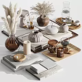 Natural Decorative Ornament Set With Pampas Grass Ceramic Vases Wooden Trays And Notebooks For Home Decor