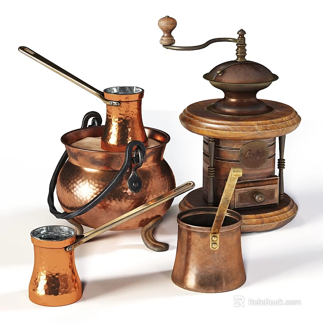 Vintage Copper Kitchenware Set with Pot Grinder and Small Cups Design Elements 3d model 