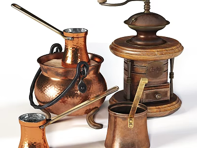 Vintage Copper Kitchenware Set with Pot Grinder and Small Cups Design Elements 3d model