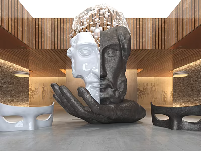 Exhibition Hall Interior With Large Black And White Head Sculpture Held In Hand And Masks 3d model
