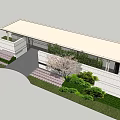 Modern Entrance Gate With Roof Surrounded By Cherry Blossom Tree Shrubs And Flower Beds