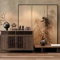 Modern Chinese Entryway Console Cabinet Sideboard Interior With Wooden Vase Decorative Items And Screen
