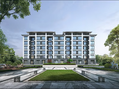 Modern Multi Storey Residential Building Exterior With Lush Greenery And Landscaped Lawn 3d model