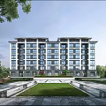 Modern Multi Storey Residential Building Exterior With Lush Greenery And Landscaped Lawn