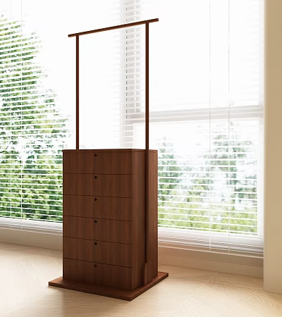 Wooden Storage Cabinet With Drawers Near Window And Green Plants View 3d model