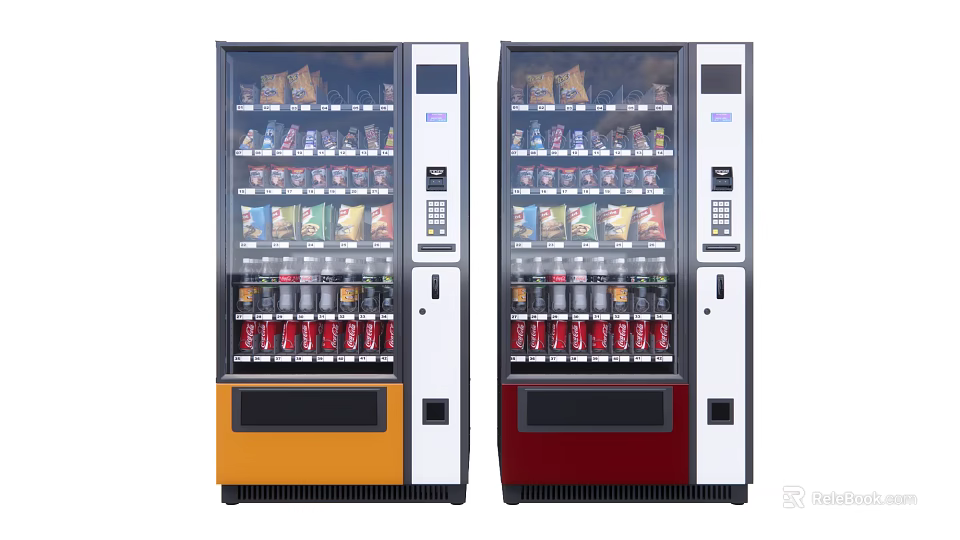 Dual Commercial Vending Machines With Yellow Red Bases Transparent Glass Doors Snacks And Beverages 3d model 